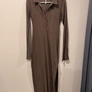 Free People Midi Brown Long Sleeve Dress with slit up leg. Sexy but casual